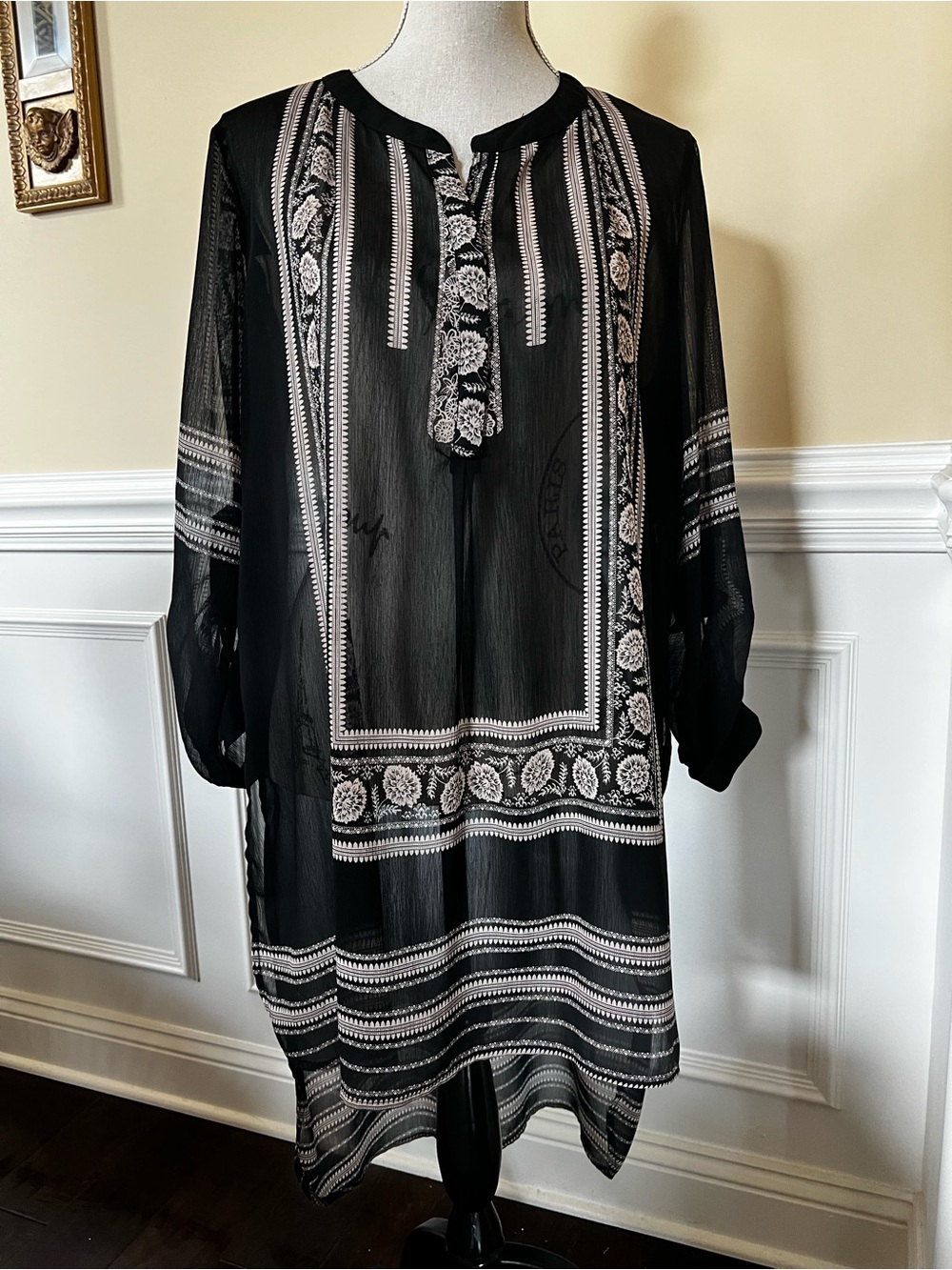 Knox Rose Sheer High-Low Floral & geometric Boho Print Biege/Black Tunic Dress.